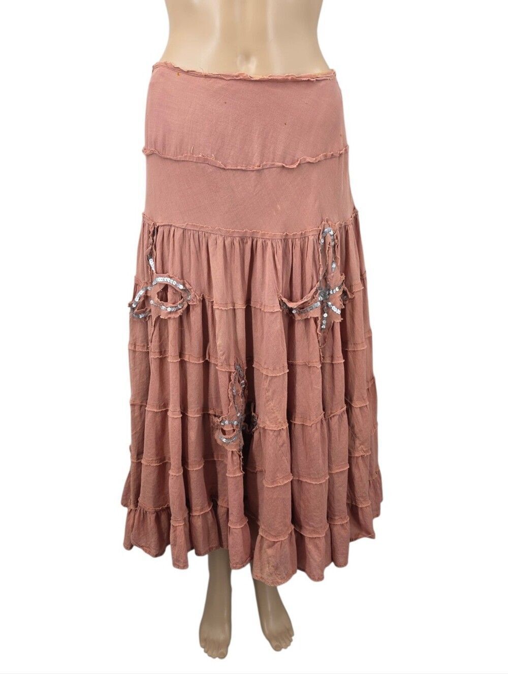 Magic Vintage Distressed Womens Tiered Embellished Maxi Skirt Dusty Rose Witchy